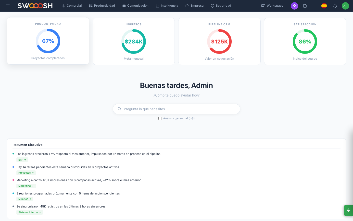 Dashboard principal de Nabú mostrando métricas de ventas, tareas pendientes y actividad del equipo en tiempo real