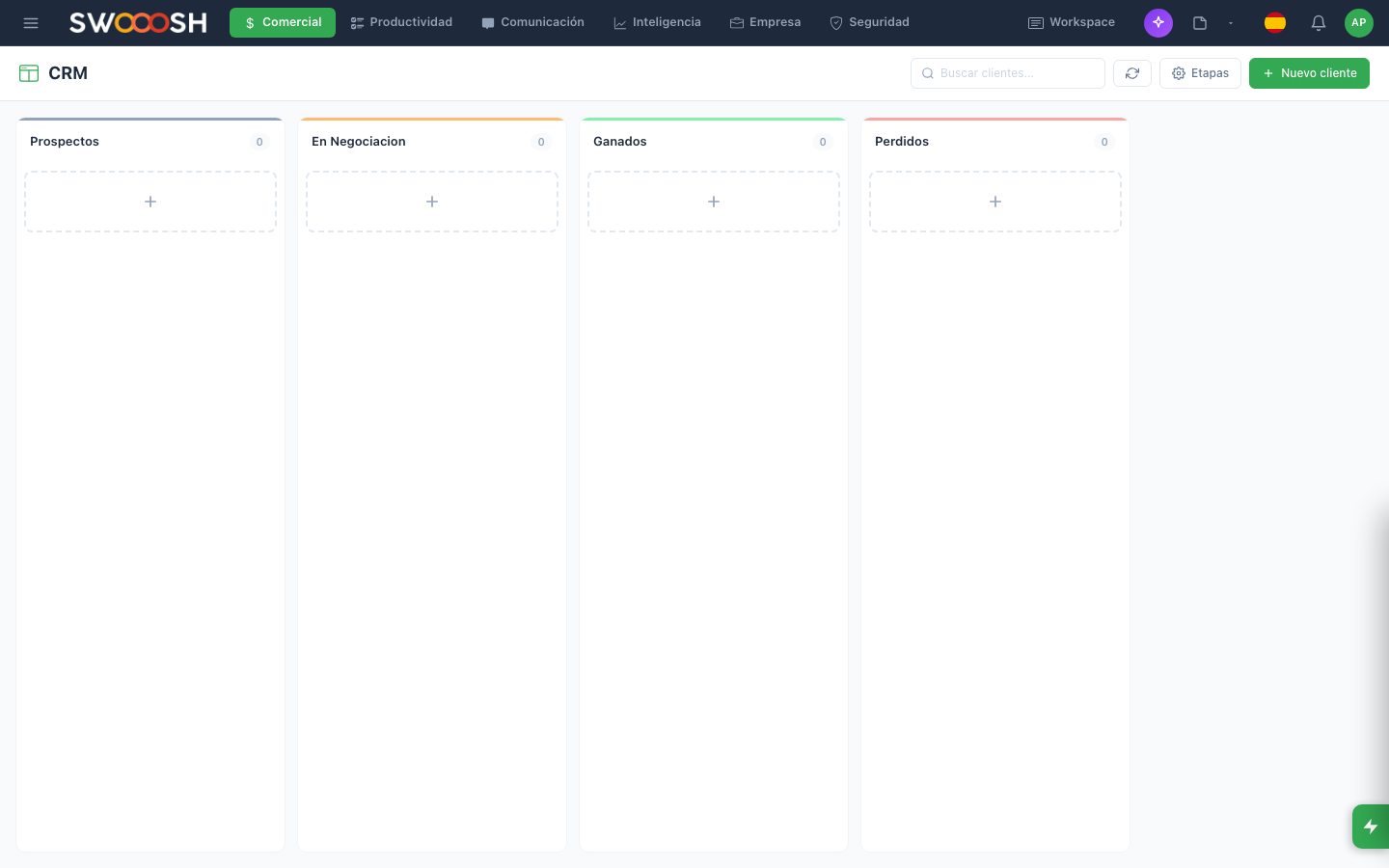 CRM de Nabú con pipeline visual de ventas mostrando leads organizados por columnas y etapas del embudo comercial