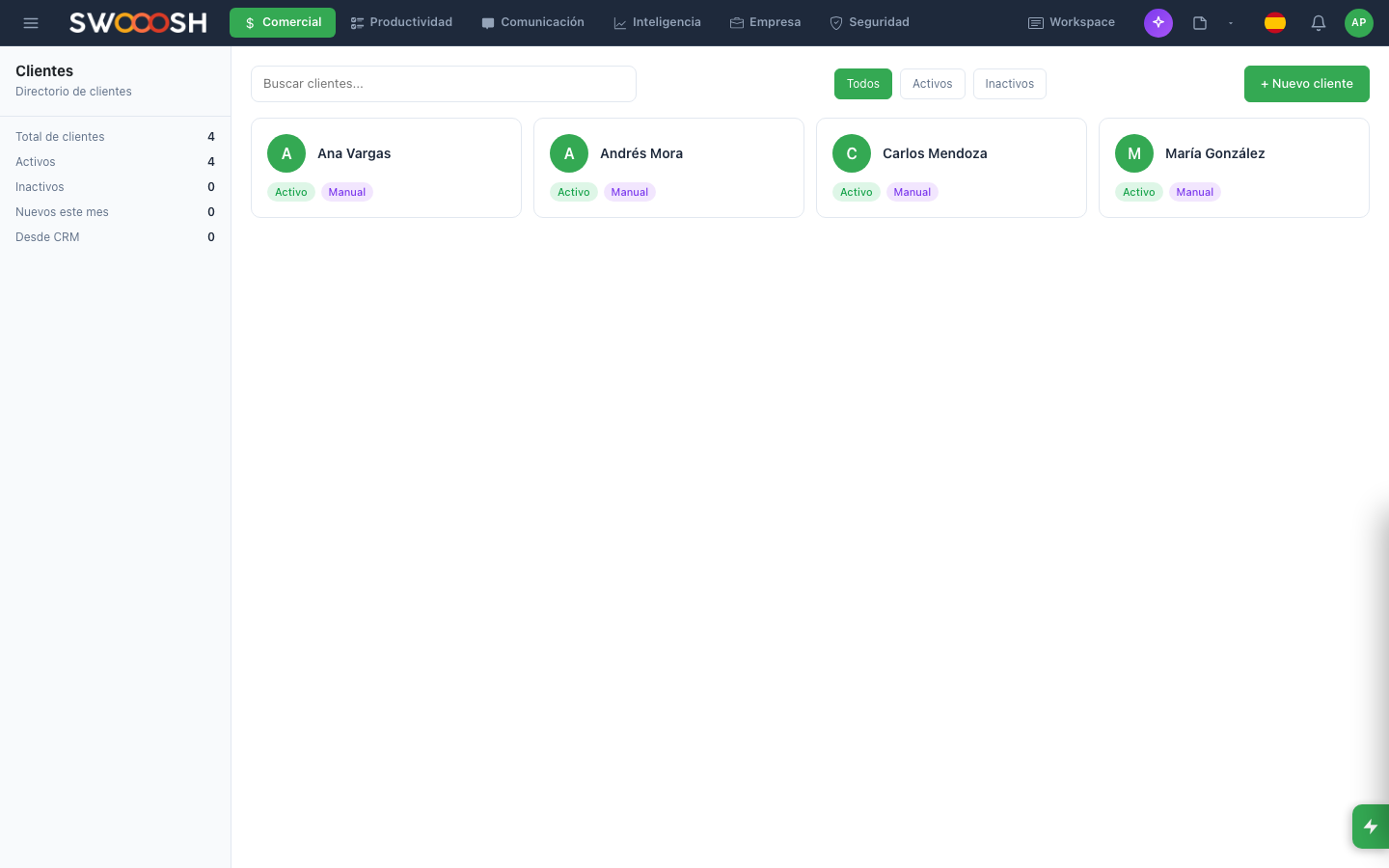 Directorio de contactos de Nabú mostrando una lista centralizada con datos de contacto, etiquetas y último historial de interacción
