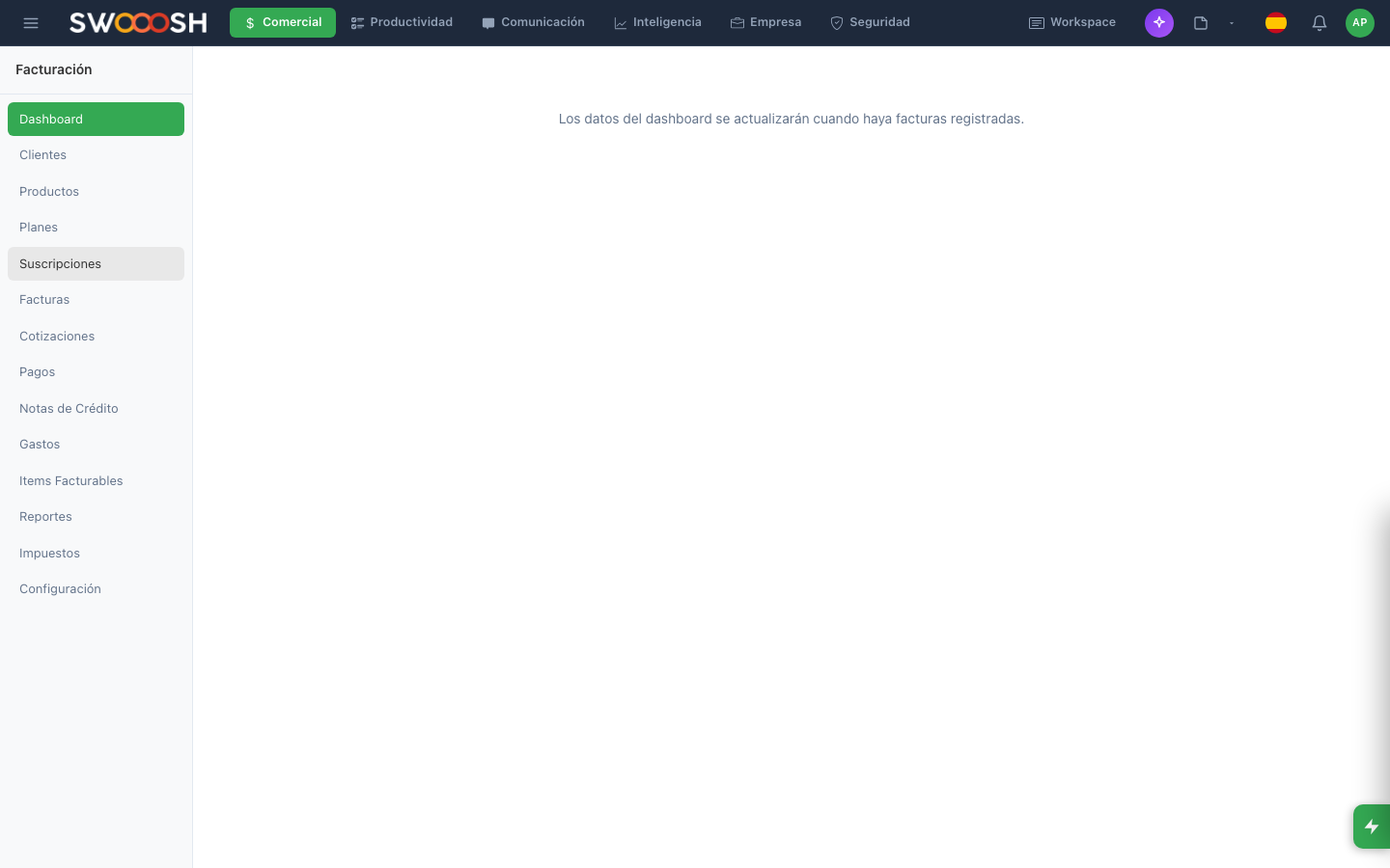 Panel de facturación electrónica de Nabú mostrando lista de facturas, estados de pago y resumen de cuentas por cobrar