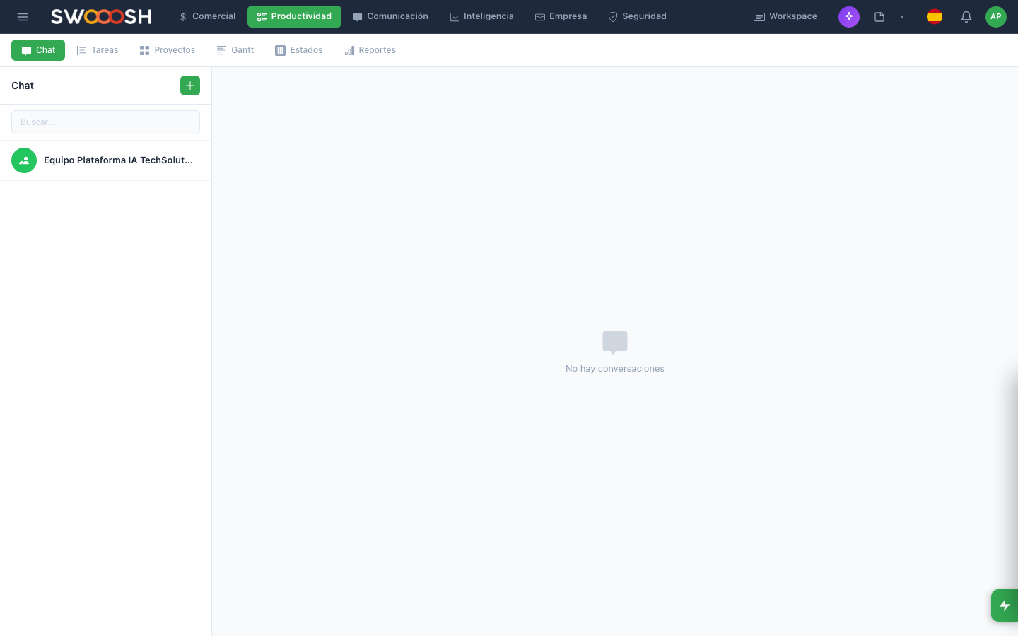 Módulo de gestión de proyectos de Nabú con vista Gantt, tareas asignadas y porcentaje de avance por equipo