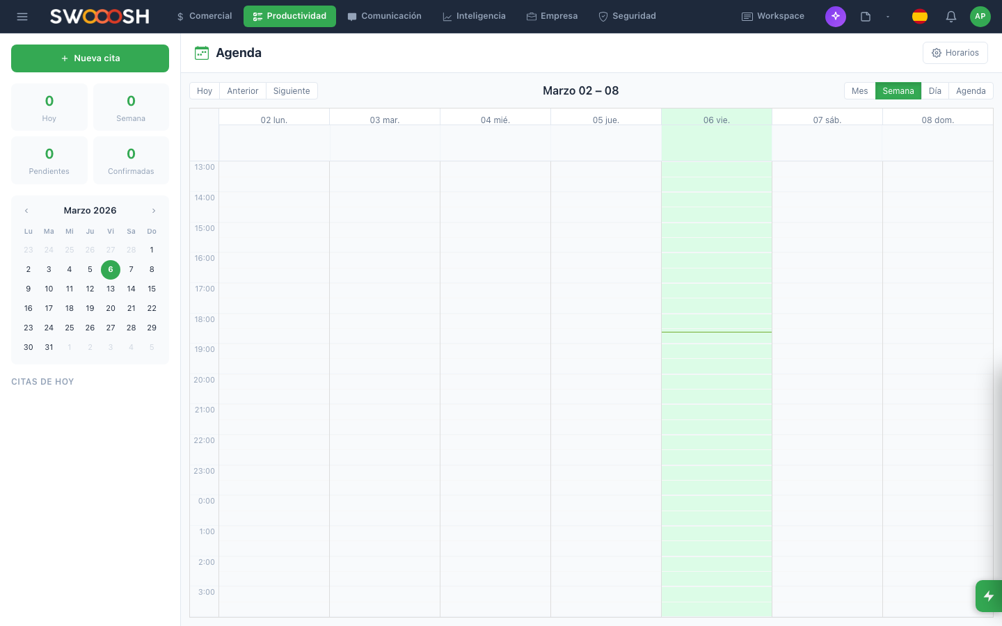 Nabú smart calendar showing appointment schedule with real-time availability, confirmed bookings, and resource-based weekly view