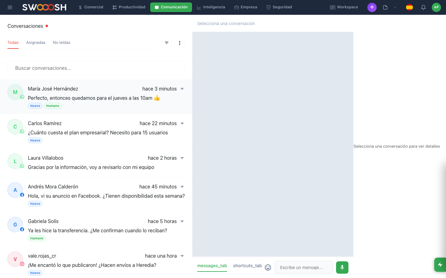 Nabú community manager panel showing post calendar, social media metrics, and AI-powered responses