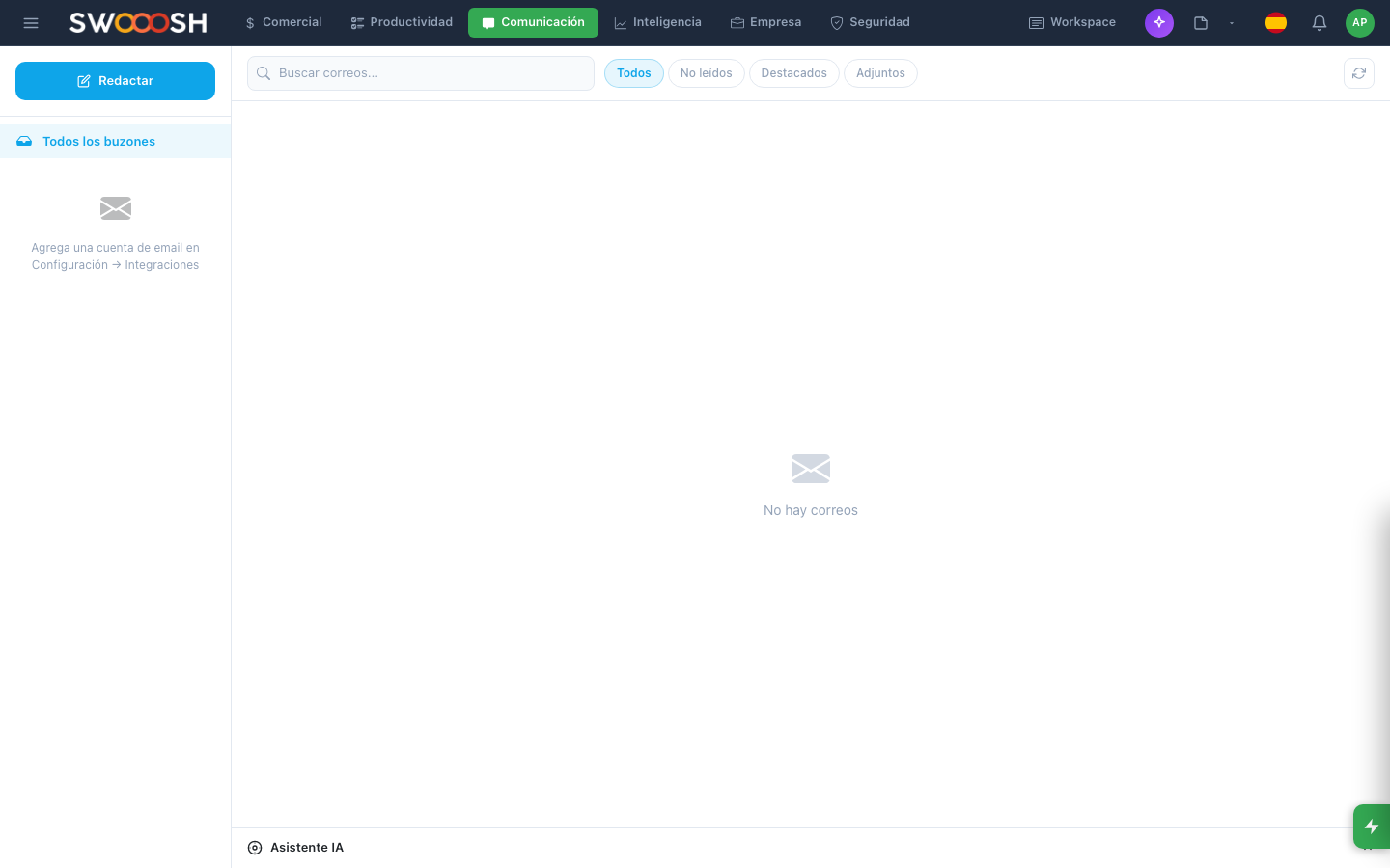 Panel de email empresarial de Nabú mostrando bandeja unificada con respuestas sugeridas por IA y vinculación con CRM
