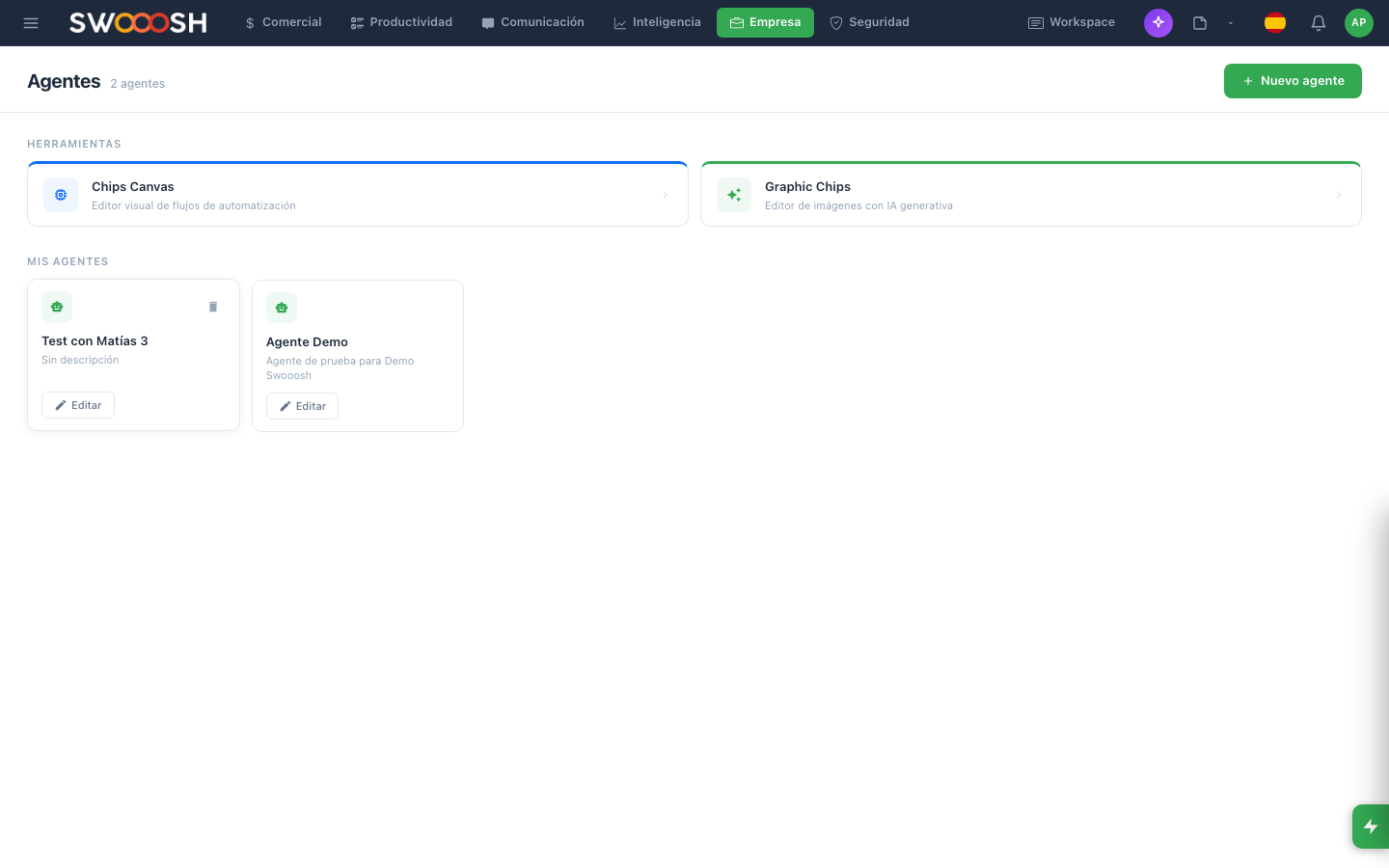 Constructor visual de agentes IA de Nabú con bloques arrastrables para diseñar flujos de conversación sin código